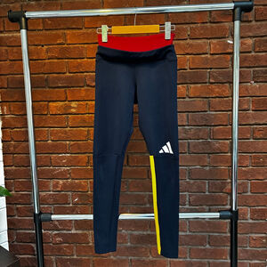 Adidas Women’s XS Navy Leggings – Red Waistband, Yellow Panels, Stretch Athletic